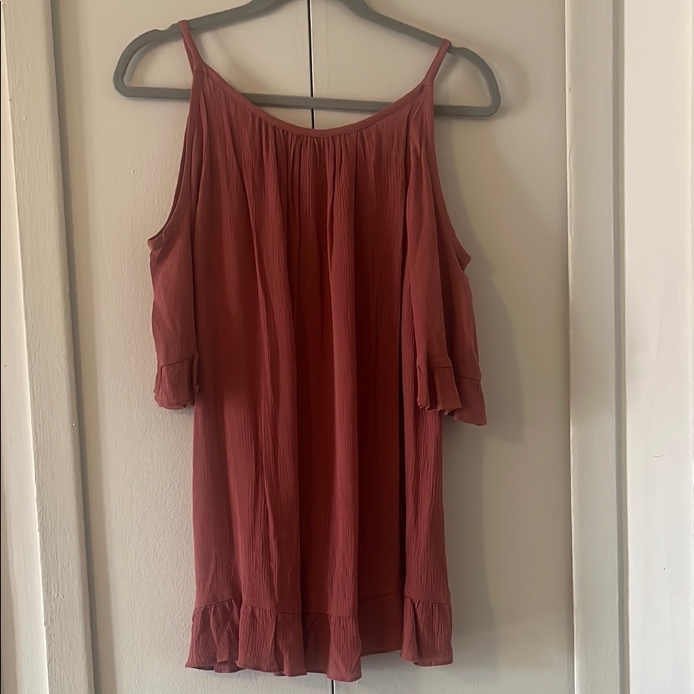 Flowy Ruffle Cold Shoulder Top in Rust - Picture 5 of 5